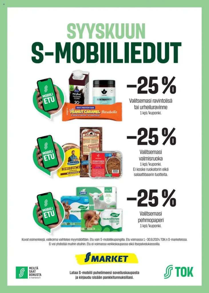 S-market tarjoukset syyskuun s-mobiiliedut voimassa 30-09-2024